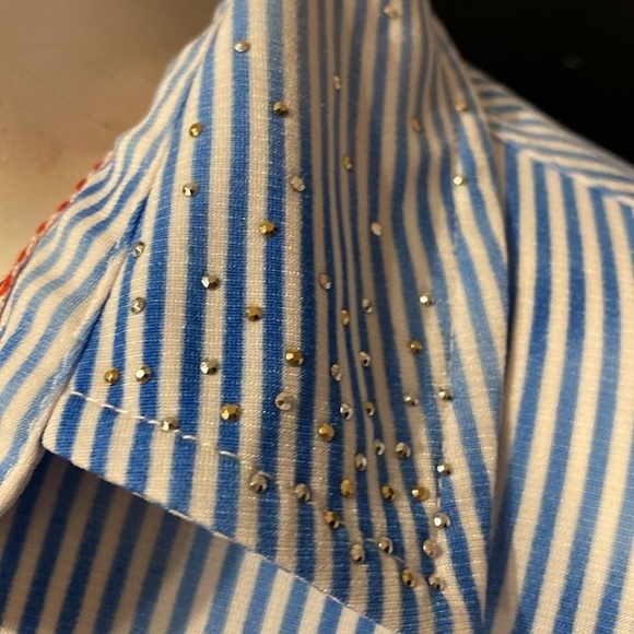 U  Nygard blue stripe 3/4 roll sleeve button in front stretch reg  size top XL - Picture 2 of 4